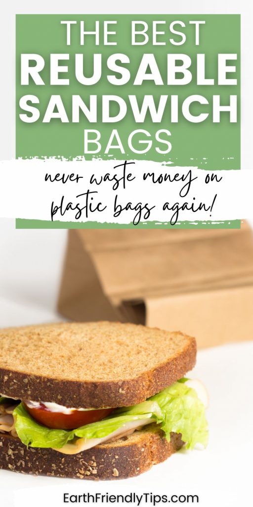 Picture of sandwich in front of paper bag with text overlay The Best Reusable Sandwich Bags Never Waste Money on Plastic Bags Again