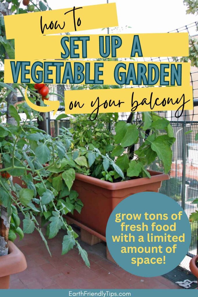 Picture of vegetable garden growing on balcony with text overlay How to Set Up a Vegetable Garden on Your Balcony Grow Tons of Fresh Food With a Limited Amount of Space