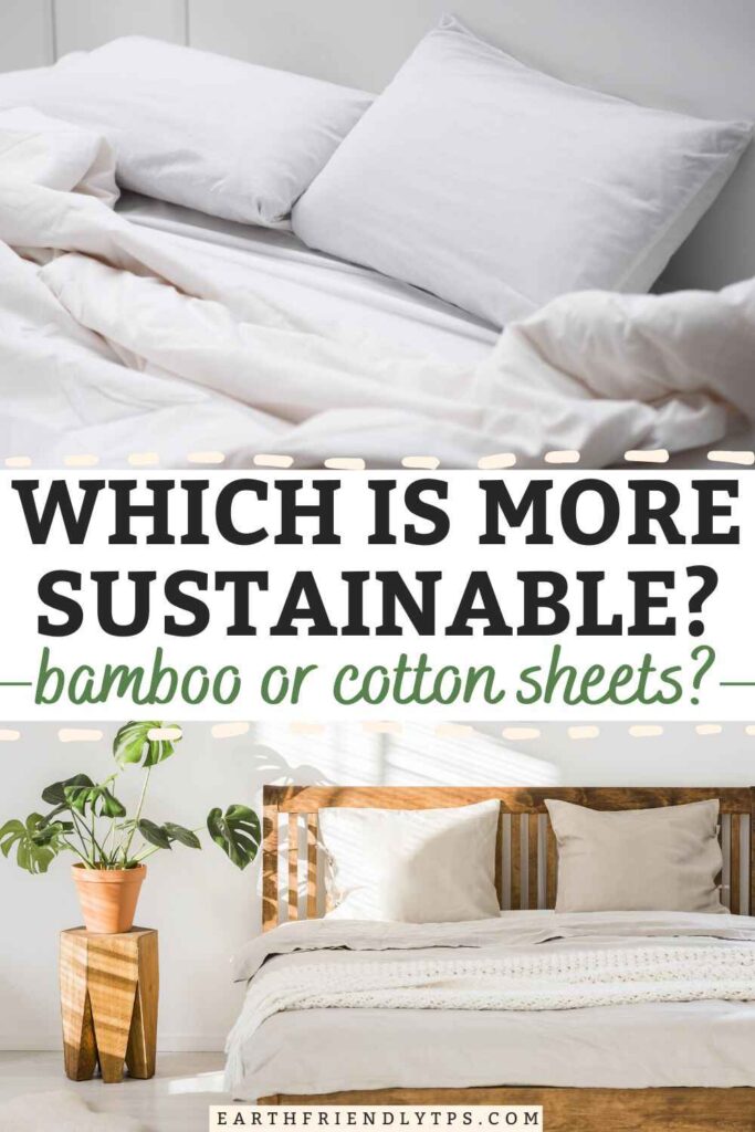 Picture of rumpled bed with white sheets and minimalist natural bedroom with bed that has tan sheets with text overlay Which Is More Sustainable? Bamboo or Cotton Sheets?