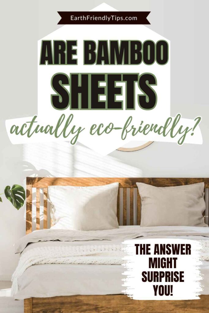 Picture of minimalist natural bedroom with wooden bed with tan pillows, sheets, and knit blanket with text overlay Are Bamboo Sheets Actually Eco-Friendly? The Answer Might Surprise You!