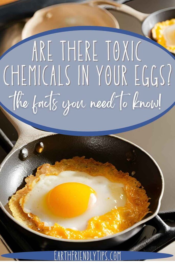 Picture of an egg cooking in a small frying pan with text overlay Are There Toxic Chemicals in Your Eggs? The Facts You Need to Know!