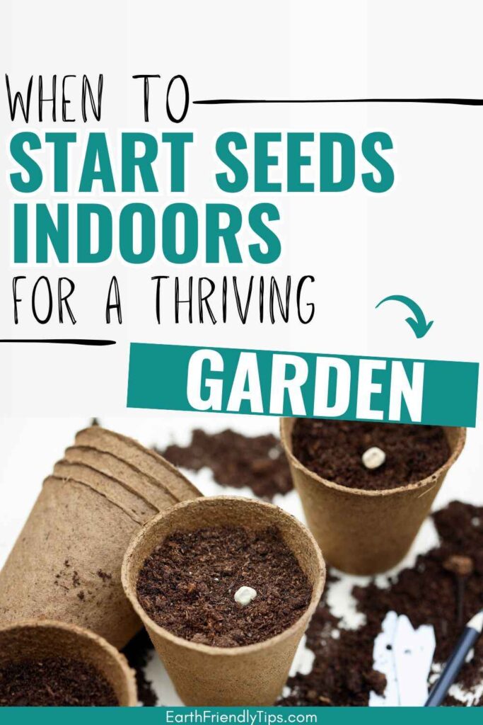 Picture of seeds in biodegradable seed starting pots with text overlay When to Start Seeds Indoors for a Thriving Garden