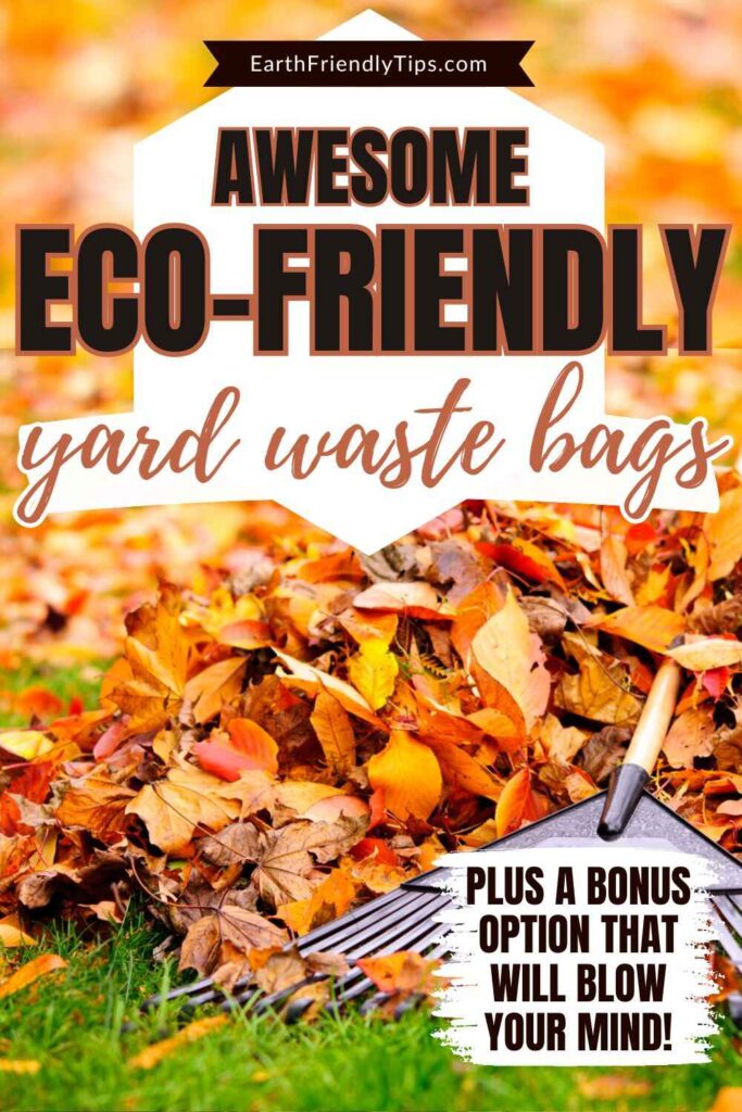 Picture of rake in autumn leaf pile with text overlay Awesome Eco-Friendly Yard Waste Bags Plus a Bonus Option That Will Blow Your Mind!