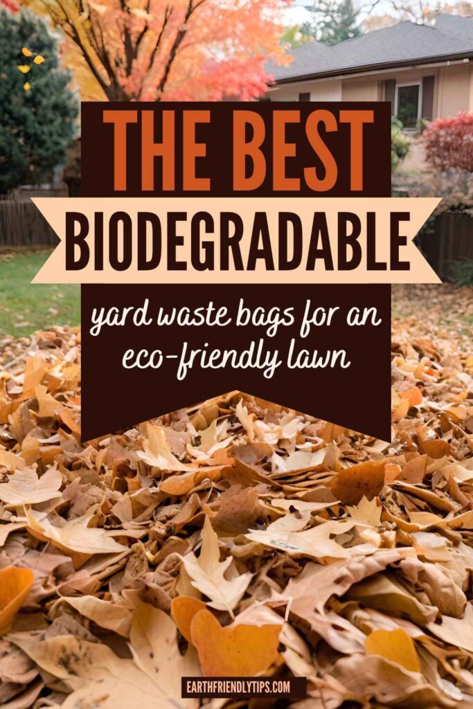 Picture of fallen leaves in yard with text overlay The Best Biodegradable Yard Waste Bags for an Eco-Friendly Lawn