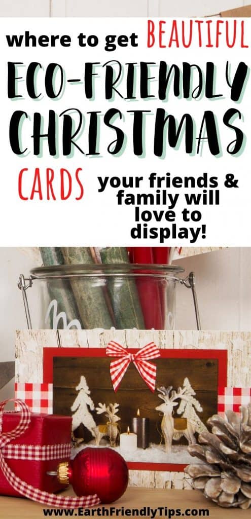 Natural Christmas card sitting in front of festive scene with text overlay Where to Get Beautiful Eco-Friendly Christmas Cards Your Friends and Family Will Love to Display