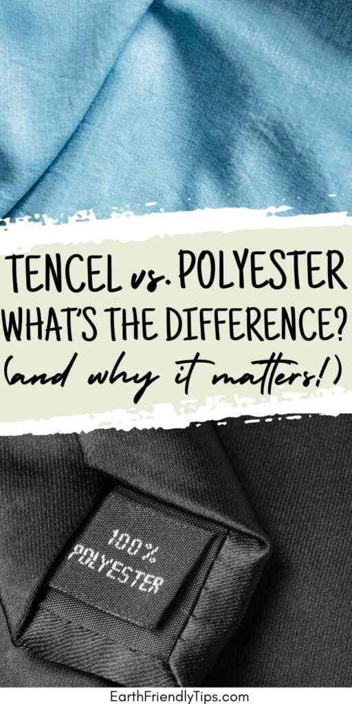 Picture of blue Tencel fabric and black tie with 100% polyester tag with text overlay Tencel vs. Polyester What's the Difference? And Why it Matters!