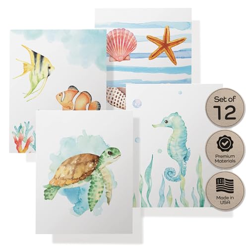 Twigs Paper - Assorted Ocean-Themed Greeting Cards - Stationery Cards with Envelopes - Thank You Card - Blank Note Cards - Greeting Cards for All Occasions - Made in USA (5.5 x 4.25, Set of 12)